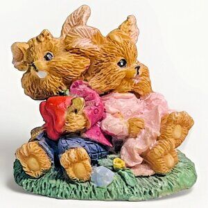 Vintage Resin Bunny Couple Figurine Holding Red Heart On Grass Base